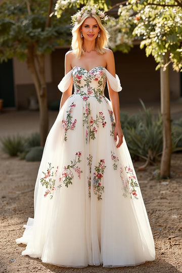 Off The Shoulder Floral White Wedding Dress with Appliques